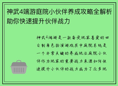 神武4端游庭院小伙伴养成攻略全解析助你快速提升伙伴战力